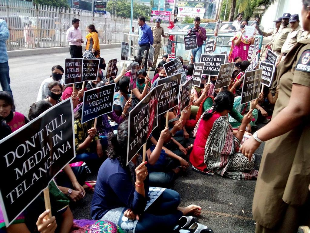 Journalists arrested for protesting TV network ban in Telangana, India